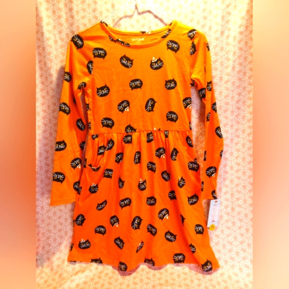 Orange Cat Print Kids Dress Size 10-12 NWT